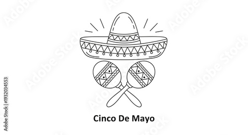 Cinco de Mayo sombrero and maracas outline illustration