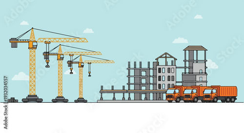 A cartoonish vector illustration depicts a bustling construction site with multiple tower cranes, buildings in various stages of development, and a line of orange dump trucks.