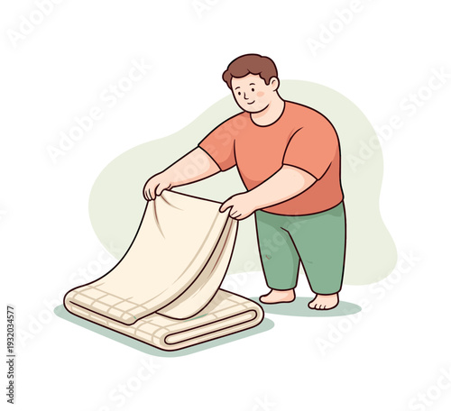 Gentle Blanket Folding. Gentle person lifts one side of a blanket mid fold while the rest lies flat and orderly nearby. | folding