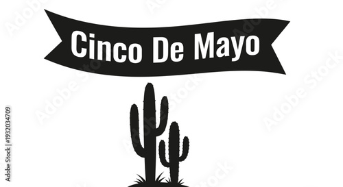 Cinco De Mayo Text Banner With Cactus And Grass Silhouette