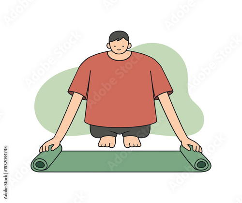 Quiet person unrolls a yoga mat on the floor, edges flattening, bare feet aligned, calm space opening ahead slowly and softly now