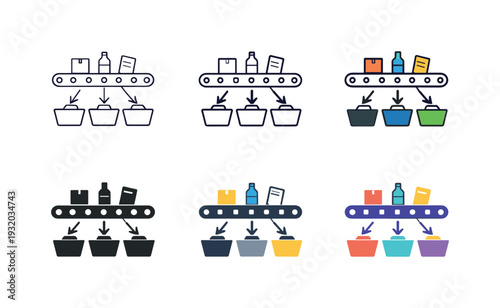 Material sorting workflow icon showing multiple items being directed along conveyor paths into separate bins, symbolizing