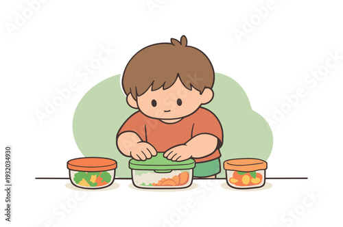 Small child puts leftovers into containers, closing lids carefully as bowls and boxes line up on a clean counter. | leftovers,