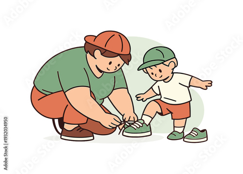 Parent Tying Shoelaces. Warm parent ties shoelaces for a child, weight shifting slightly as the child balances nearby | parent