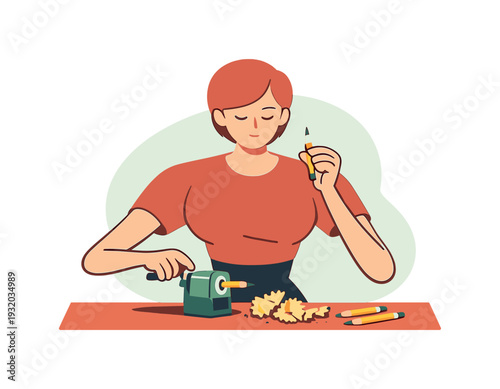 Inside person sharpens pencils at a desk, shavings curl beside a sharpener, points checked carefully, hands steady in calm focus.
