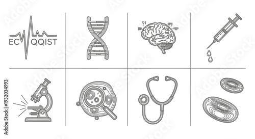 medical and scientific icons illustrating various healthcare biology and research concepts on a white background.