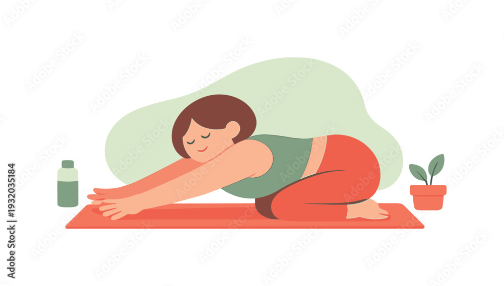 Fototapeta premium Peace person stretches on a yoga mat, arms reaching long as breathing slows and balance steadies on the floor nearby today calmly