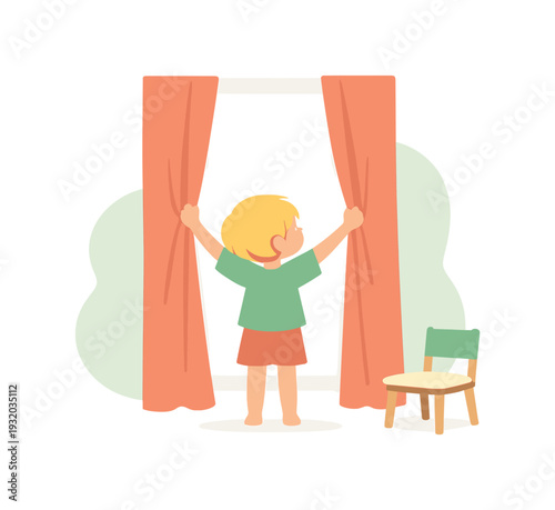 Sunny child pulls curtains open beside a tall window as soft daylight enters and a small chair waits nearby quietly there still