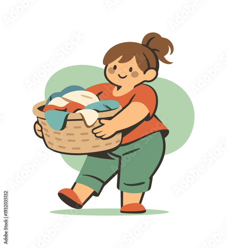Warm person carries laundry in a basket, weight shifting as the basket tilts slightly and fabric edges show | carrying laundry