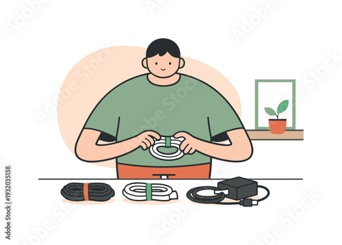 Quiet person sorts and coils cables on a desk, ties aligned, charger looped, tidy bundles resting evenly near window light today.