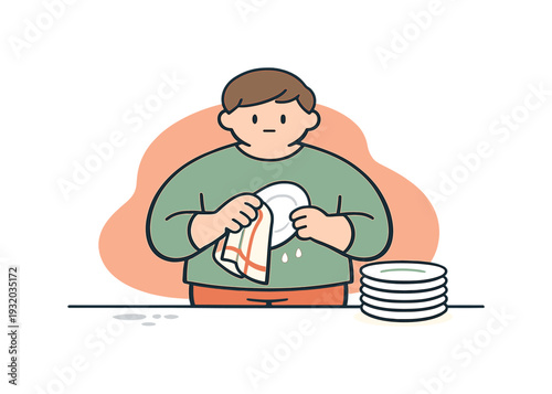 Plate Drying Ritual. Fresh person dries plates with a towel at a table, stacking them carefully as water drops fade and space