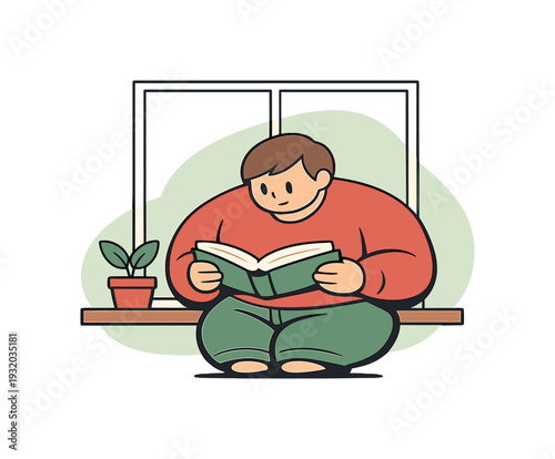 Gentle person reads a book by the window, weight resting unevenly as hands support the pages | reading book window, flat vector /