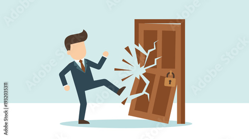 Business concept of overcoming obstacles and breaking barriers with a businessman kicking a locked wooden door until it shatters, symbolizing determination, persistence, and achieving success.