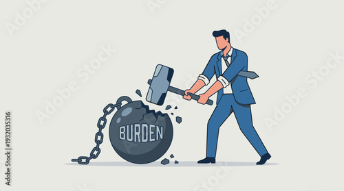 Businessman Breaking a Heavy Ball and Chain Labeled Burden with a Large Sledgehammer, Concept of Liberation, Freedom from Debt, Overcoming Professional Obstacles, Stress, and Bad Habits for Success