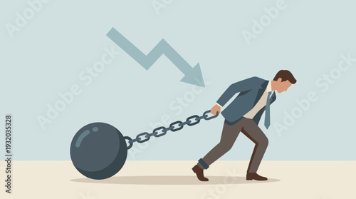 Businessman Pulling a Heavy Iron Ball Chained to His Leg Symbolizing Business Crisis, Economic Downturn, and Financial Burden. Concept of Struggle, Debt, and Failure in a Corporate Environment.