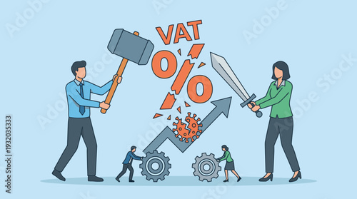 Business team using sword and hammer to cut or lower VAT rate and help economic recovery after COVID-19 pandemic. Professionals fighting high taxes and inflation to boost financial market growth.