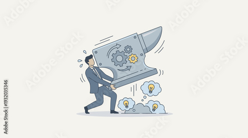 Businessman Struggling to Lift a Heavy Anvil with Gears and Lightbulb Icons, Metaphor for Overcoming Business Challenges, Finding Innovative Solutions, Hard Work, and Corporate Problem Solving