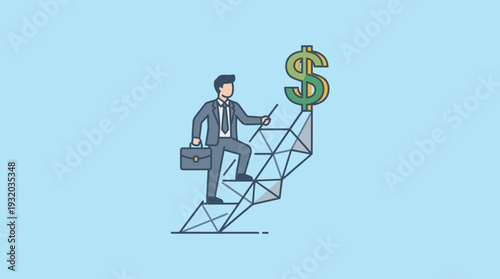 Businessman in a Professional Suit Carrying a Briefcase Climbing an Abstract Geometric Ladder Towards a Large Dollar Sign Symbol, Concept of Career Growth, Financial Success, Wealth, and Ambition