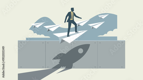 Businessman Standing on Paper Plane Flying Over Wall with Rocket Shadow, Symbolizing Ambition, Startup Growth, Leadership, Innovation, and Vision in a Simple Flat Vector Illustration Style.