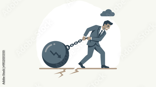 Stressed businessman pulling a heavy iron ball chained to his leg, symbolizing business crisis, economic depression, financial burden, market crash, and the struggle of corporate failure.