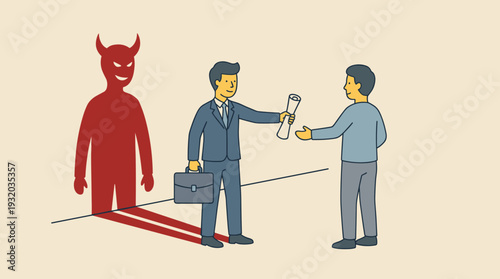 Businessman Handing a Contract to a Customer While His Shadow Reveals a Devilish Satanic Figure, Representing Deception, Fraud, Dishonest Business Practices, and Hidden Evil Intentions