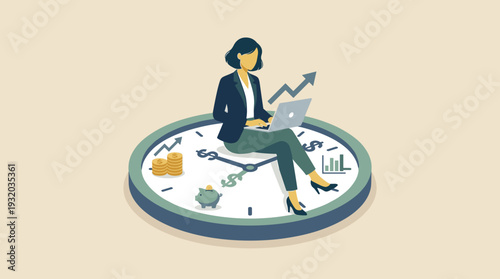 Businesswoman working on a laptop while sitting on a large clock, representing the time is money concept. Financial growth, investment, and revenue increase with coins and piggy bank icons.