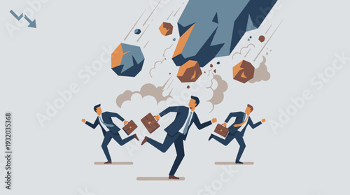 Businessmen in Suits Running Away from Falling Rocks and Boulders Representing Economic Crisis, Financial Risk, Market Crash, and Business Failure Concept in a Minimalist Flat Vector Illustration