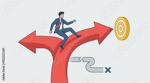Businessman Changing Direction for Success, Leadership Decision to Pivot Strategy, Turning Point and Choosing the Right Path to Reach Target Goal, Career Growth and Business Strategy Illustration