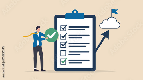 Businessman completing tasks on giant clipboard to reach the goal, project management and productivity concept, professional man finishing to-do list for success and business achievement illustration
