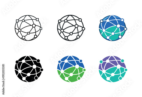 Networked digital world icon depicting a globe with connecting lines and multiple nodes, symbolizing online ecosystems, virtual