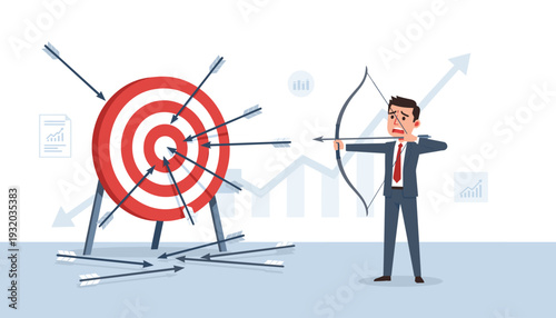 Stressed Businessman in Suit Shooting Arrows with Bow at Target, Concept of Business Failure, Missed Goals, Mistake, Error, and Performance Pressure with Financial Growth Charts Background