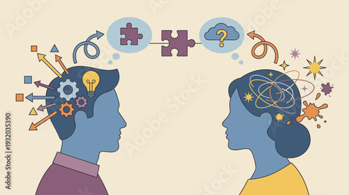 Diverse Mind Types Concept with Male and Female Silhouettes Representing Logic and Chaotic Creativity. Illustration of Problem Solving, Communication, Cognitive Diversity, and Mental Processes.