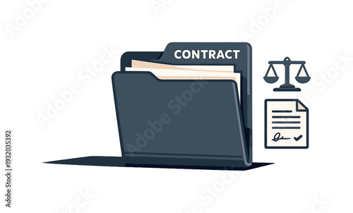 Legal contract document in folder with scales of justice icon and signature