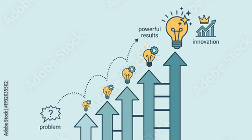Business success concept illustration showing the path from problem to innovation. Step by step progress ladder with light bulbs and arrows to achieve powerful results and creative growth.