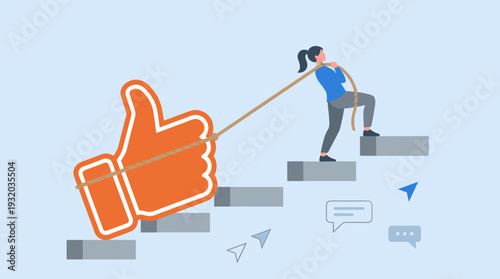 Woman Pulling Large Thumbs Up Icon Up Stairs with Rope, Flat Vector Illustration Representing Social Media Marketing Effort, Engagement Growth, Digital Strategy, and Online Reputation Management