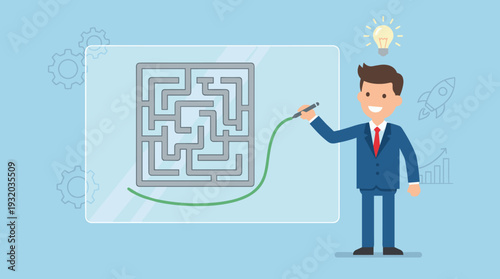 Businessman Finding a Creative Workaround to Bypass a Complex Maze Problem, Concept for Innovative Thinking, Strategic Problem Solving, Efficiency, and Finding Shortcuts in Business Success.