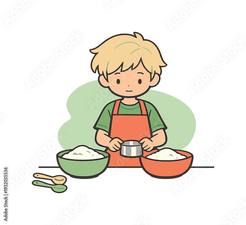 Sunny child measures flour and sugar in bowls on a counter, holding a cup steady as spoons rest nearby. softly waiting calmly now