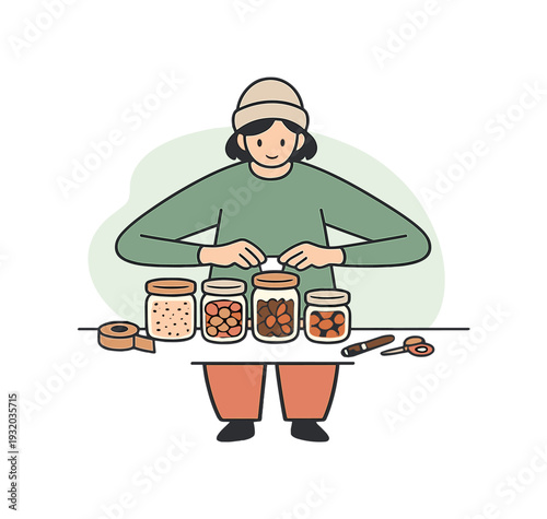 Cozy person labels containers on a counter, aligning jars neatly while hands apply small tags and tools rest nearby. | labeling