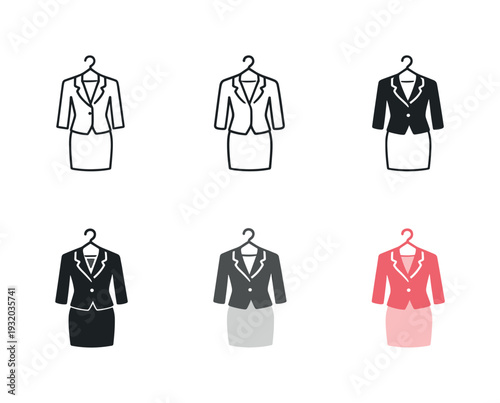 Traditional fashion icon showing a dress or suit on a hanger, representing classic attire, timeless elegance, and refined