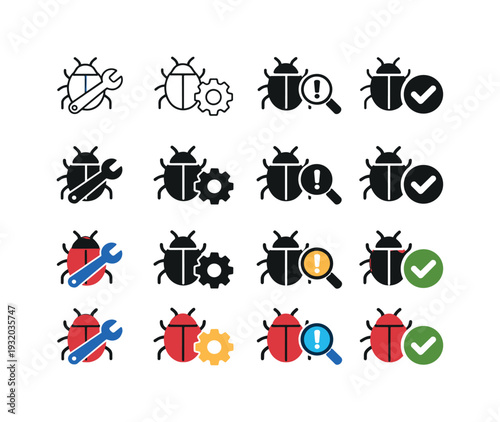 Bug icons set for software development, debugging, and quality assurance processes