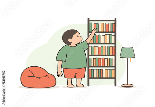 Child's Book Adventure. Small child chooses a tall rack choosing books at home, spines lined neatly, beanbag chair nearby, reading