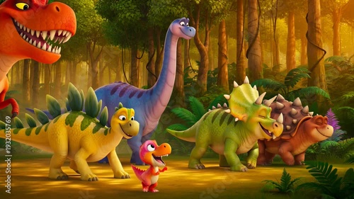 Cartoon dinosaur animation footage featuring t rex stegosaurus triceratops ankylosaurus and brontosaurus in lush jungle setting