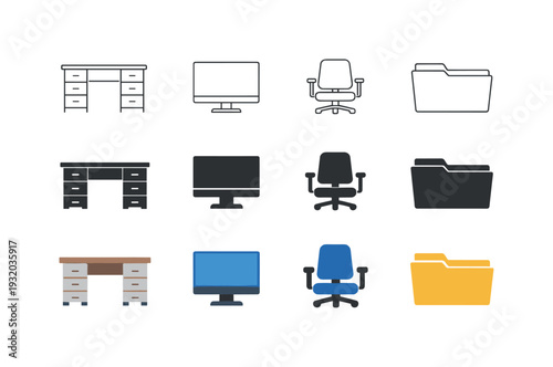 Desk for organized workspace, computer monitor for digital access, office chair for seating support, and file folder for document
