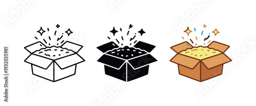 Parcel Shipment Variations. Successful shipment outcome represented by an open parcel with lid raised and contents implied,