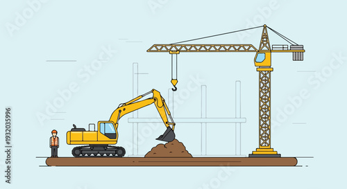 A minimalist vector illustration depicts a construction site where an excavator digs a pile of dirt, overlooked by a worker and a large tower crane.