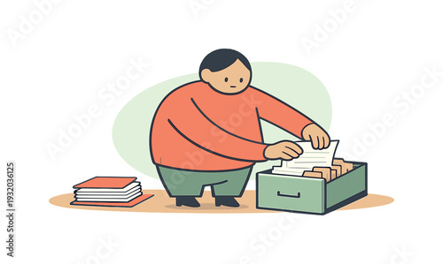 Cartoon character organizing papers in a filing cabinet, with a stack of books nearby