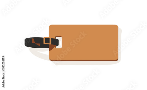 Minimalist orange luggage tag with a dark strap and buckle on a black background
