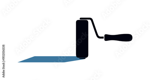 Simple dark blue paint roller casting a shadow on a white background