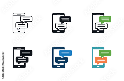 Collection of mobile phone icons with speech bubbles representing communication and messaging