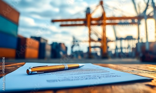 Close-Up of Pen on Contract with Shipping Containers and Cranes in the Background